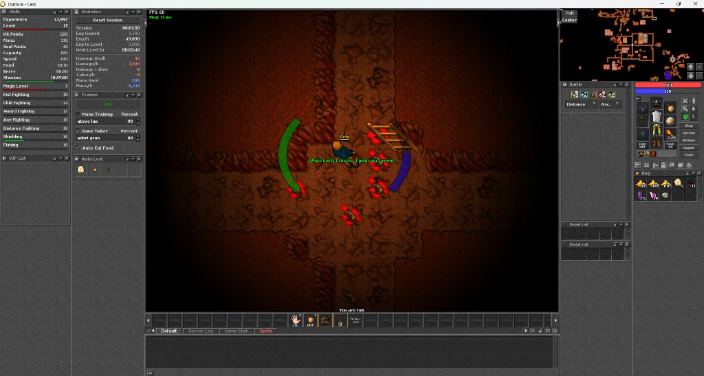 Outrora PC client showing game view, skills, trainer, auto loot, statistics, inventory and hotkeys
