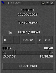 TibiCAM playback window with speed, timeline, pause controls and Select CAM