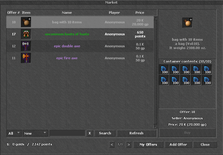 Market window listing offers with item details, bag contents preview, Buy and My Offers