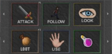 Mobile Action Menu with ATTACK FOLLOW LOOK LOOT USE slots and F1 F2 labels