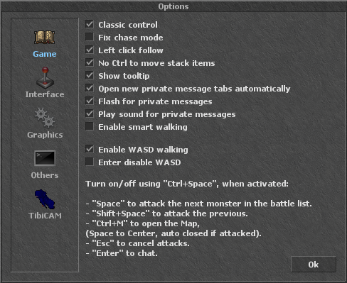 Options window Game tab with classic control, private message sound, and WASD settings