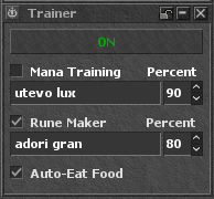 Trainer window with ON button, Mana Training, Rune Maker and Auto-Eat Food