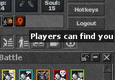 Client status bar showing the orange exiva pin icon with tooltip Players can find you